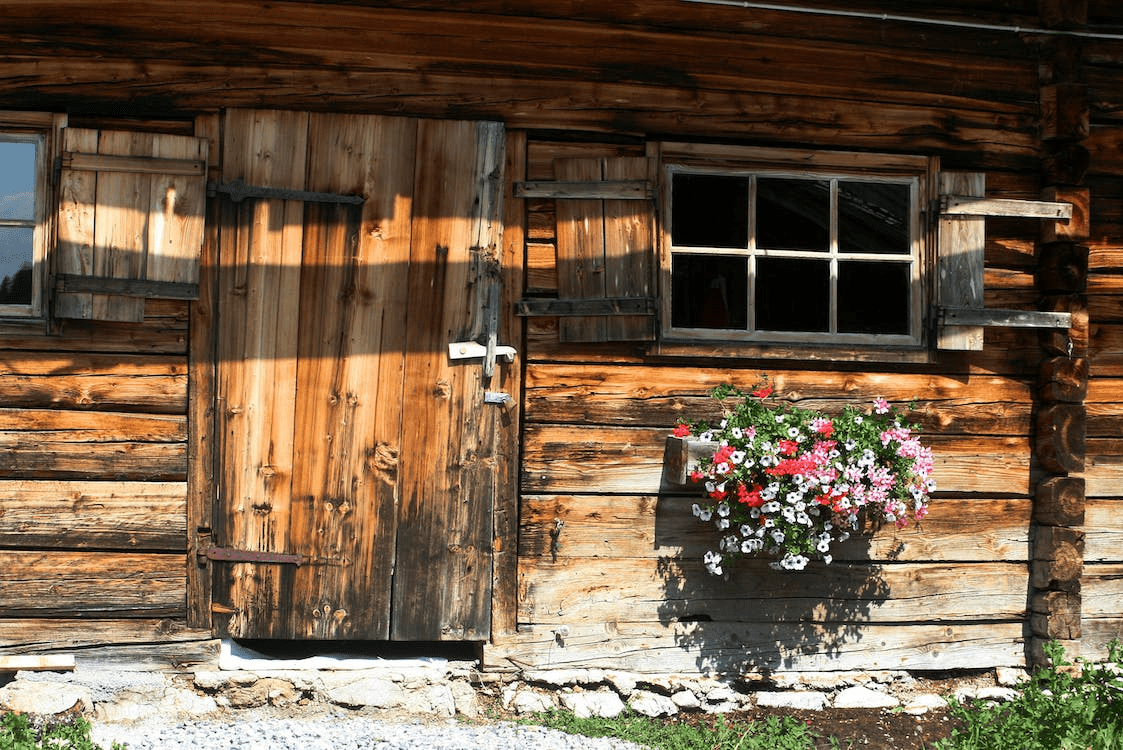 Front door of an old shed in the garden
